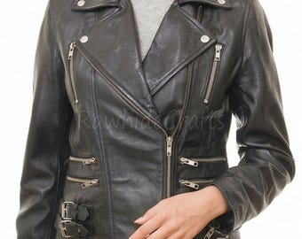 Lace-Up Lambskin Leather Biker Jacket – Studded Women's Motorcycle Coat