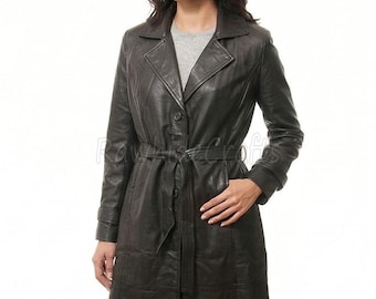 Black Lambskin Leather Trench Coat - Women's Belted Overcoat