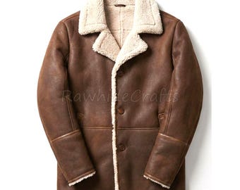 Brauner Fliegermantel für Herren - Echtleder Winterjacke mit künstlichem Lammfellfutter
