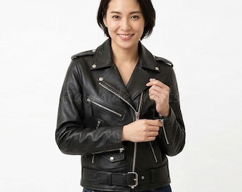 Women's Lambskin Leather Biker Jacket – Asymmetric Moto Coat with Belt