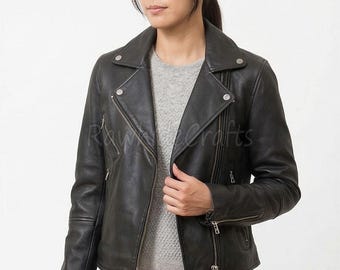 Handmade Black Quilted Sheepskin Leather Biker Jacket - Slim Fit