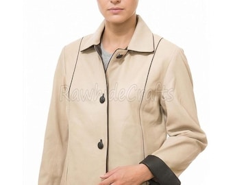 Women's Ivory Sheepskin Leather Jacket – Two Tone Button Front Short Coat