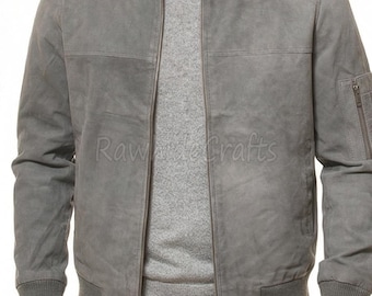 Men's Handmade Grey Suede Bomber Jacket: Genuine Leather Flight Jacket