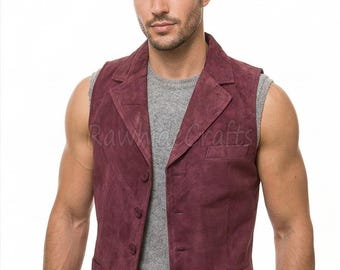 Handmade Men’s Burgundy Suede Vest: Button-Up Western Waistcoat