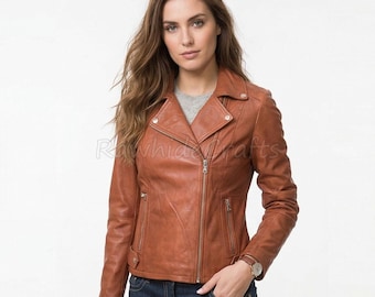 Handmade Women’s Cognac Leather Moto Jacket: Asymmetrical Biker Coat