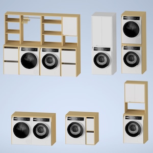 May include: A collection of modern laundry room furniture in a light wood and white color scheme. The image includes various configurations of washing machines, cabinets, and shelving units, ideal for organizing a laundry space. The appliances have black doors.