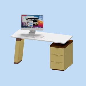 Könnte beinhalten: Ein moderner weißer Schreibtisch mit Computermonitor, Tastatur und Maus. Der Schreibtisch hat ein hellbraunes, abgewinkeltes Bein und einen passenden Schrank mit drei Schubladen. Der Hintergrund ist hellblau.