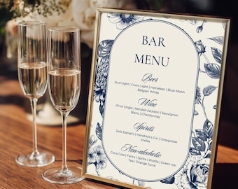 Blue Floral Wedding Bar Menu Sign Template (Printable)