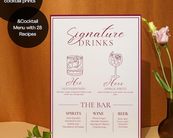 Old Money His and Hers Signature Cocktail Sign | Burgundy Wedding Bar Menu | Fully Editable