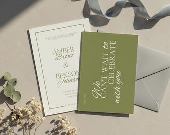 Olivgrüne Hochzeitseinladung Set | Minimalistische moderne Einladungsvorlage | Bearbeitbare Antwortkarte | Sofort Download