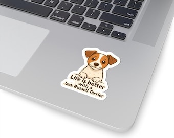 May include: A sticker featuring a cartoon Jack Russell Terrier with brown and white markings. The sticker has the text "Life is better with a Jack Russell Terrier" in a white font. The sticker is on a laptop.