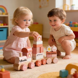 Könnte beinhalten: Ein Holzspielzeugzug in Pastellrosa, Orange und Naturholz. Der Zug trägt den Namen "Amelia" und einen Regenbogen auf der Lokomotive. Er hat Stapelblöcke mit Regenbogen- und Sonnenmotiven. Die Worte "Happy Birthday!" sind ebenfalls zu sehen.