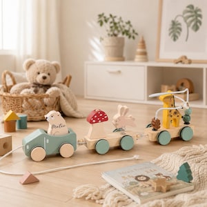 Op de afbeelding: Een houten trek-speelgoedtrein met drie verbonden wagons. De eerste wagon is saliegroen met een berenfiguur met het label Mateo. De middelste wagon bevat een rode paddenstoel en een konijn. De laatste wagon is voorzien van een gele giraf en een kralendoolhof.