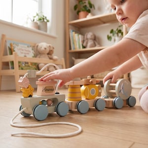 May include: A wooden pull-along toy train with multiple carriages featuring pastel colors, a bead maze, and various shapes including a yellow submarine and a shark illustration. The first carriage is personalized with the name Emma in black script.