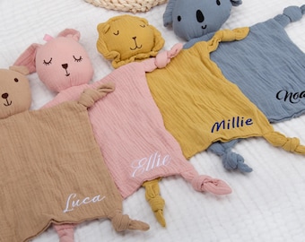 Personalized Organic Cotton Muslin Baby Lovey, Embroidered Animal Comforter