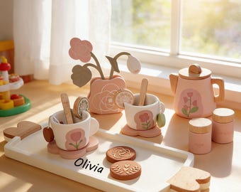Personalized Wooden Tea Set, Custom Name Toy, Pretend Play