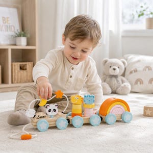 May include: A wooden pull-along toy train with three connected cars. The front car features a panda face and the name Lucas. The middle cars hold stackable animal-shaped blocks. The rear car is a rainbow arch. The wheels are light blue with white stars.