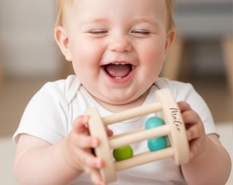 Personalized Wooden Baby Rattle: Custom Engraved Sensory Toy