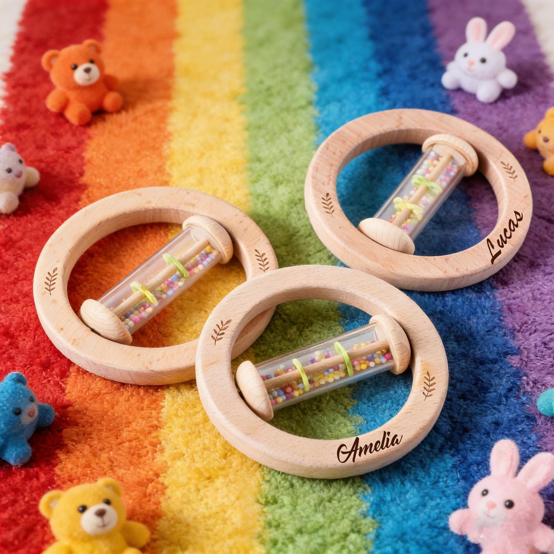Personalized Wooden Baby Rattle •custom Engraved Sensory Toy • Newborn ...