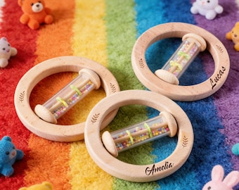 Personalized Wooden Baby Rattle •Custom Engraved Sensory Toy • Newborn Keepsake Gift