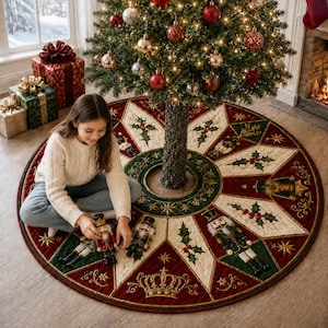 May include: A round quilted Christmas tree skirt featuring a starburst pattern in deep red, cream, and dark green. The design includes embroidered nutcracker figures, holly leaves, and gold crowns. The fabric has a stitched texture throughout.