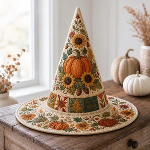 Könnte beinhalten: Ein konischer Stoffhut mit aufwendigen Steppmustern aus orangefarbenen Kürbissen, gelben Sonnenblumen, grünen Blättern und Eicheln. Die Krempe zeigt eine Bordüre aus Blumenmotiven, kleinen Kürbissen und brennenden Kerzen in herbstlichen Farben.