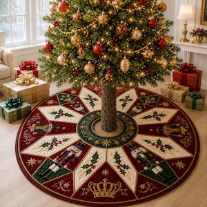 May include: A round quilted Christmas tree skirt featuring a starburst pattern with alternating panels of deep red and cream fabric. The design includes embroidered nutcracker figures, holly leaf motifs, and gold crowns, finished with a dark green border.