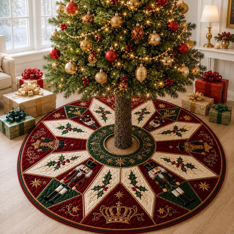 May include: A round quilted Christmas tree skirt featuring a starburst pattern with alternating panels of deep red and cream fabric. The design includes embroidered nutcracker figures, holly leaf motifs, and gold crowns, finished with a dark green border.