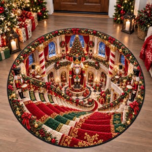 May include: A round area rug featuring a 3D-style illustration of a grand staircase decorated for Christmas. The design includes red and green carpeted steps, candy cane pillars, multiple nutcracker figures, and a large central nutcracker.