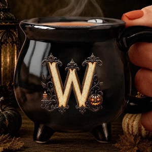Puede incluir: Una taza de cerámica negra con forma de caldero que presenta una letra W grande, ornamentada y de color crema en el frente. La letra está decorada con pequeños murciélagos, una vela encendida y una calabaza brillante. La taza tiene tres patas.