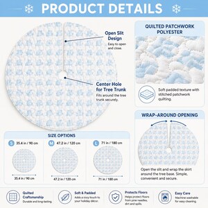 May include: A round, white and light blue quilted polyester Christmas tree skirt featuring a repeating pattern, an open slit design, and a center hole. The product details display three size options: 35.4 inches, 47.2 inches, and 71 inches.