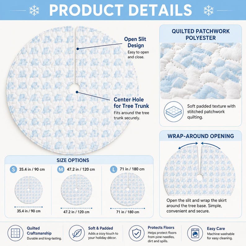 May include: A round, white and light blue quilted polyester Christmas tree skirt featuring a repeating pattern, an open slit design, and a center hole. The product details display three size options: 35.4 inches, 47.2 inches, and 71 inches.