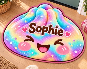 Personalized Cute Rainbow Dumpling Doormat, Custom Name Kawaii Floor Mat Non Slip