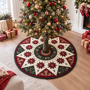 May include: A round quilted Christmas tree skirt featuring a central star pattern with alternating cream, dark green, and deep red panels. The design includes embroidered poinsettia flowers, gold scrollwork, and a dark green border trim.