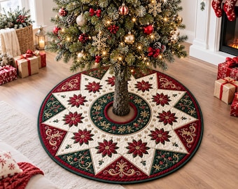 Pode incluir: Uma saia de árvore de Natal acolchoada e redonda com um padrão de estrela central com painéis alternados em creme, verde escuro e vermelho profundo. O design inclui flores de poinsétia bordadas, volutas douradas e uma borda verde escura.