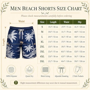 May include: A size chart for beach shorts featuring a pair of navy blue shorts with a white palm tree print and a white drawstring. The chart displays measurements in inches and centimeters for sizes S through 5XL, alongside icons for polyester, quick dry, mesh lining, drawstring, and pockets.