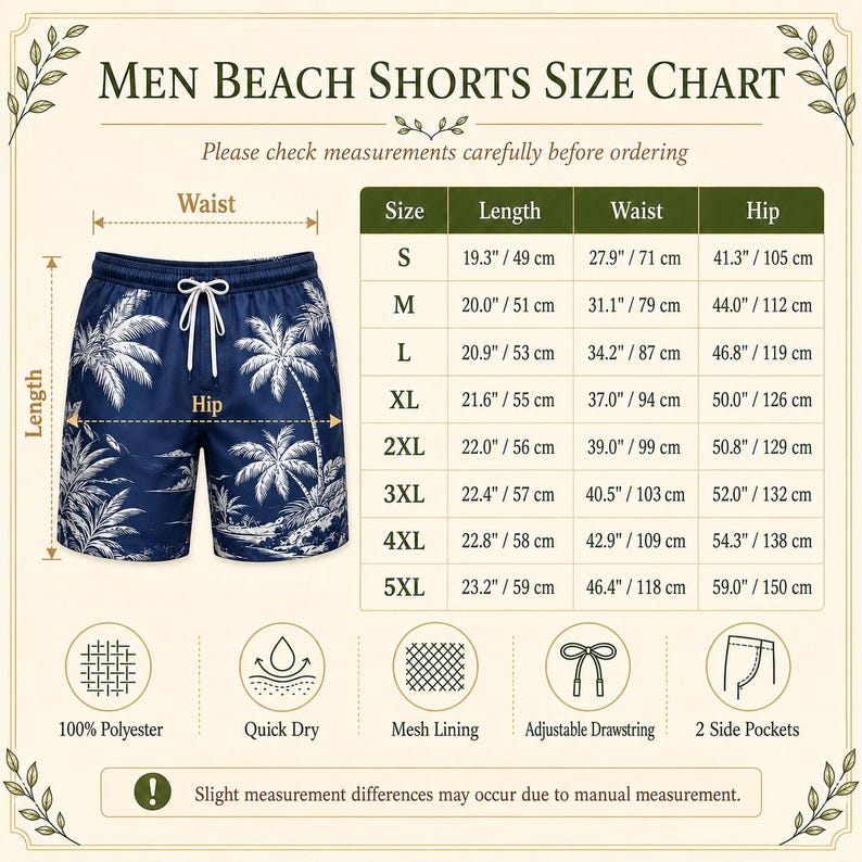 May include: A size chart for beach shorts featuring a pair of navy blue shorts with a white palm tree print and a white drawstring. The chart displays measurements in inches and centimeters for sizes S through 5XL, alongside icons for polyester, quick dry, mesh lining, drawstring, and pockets.