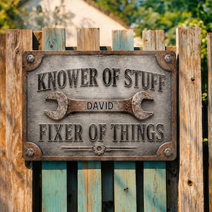 May include: A rectangular metal sign with a weathered finish featuring the text "KNOWER OF STUFF" at the top, "DAVID" in the center, and "FIXER OF THINGS" at the bottom. A large wrench graphic sits horizontally across the middle.