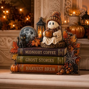 Personalized Ghost Book Nook Wooden Block, Cozy Autumn Coffee Wooden Shelf Decor, Custom Halloween Table Accent