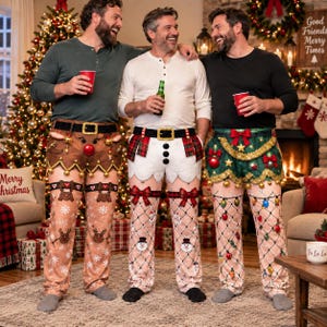 May include: Three pairs of festive holiday trousers featuring Christmas themes. The left pair is brown with reindeer, the centre pair is white with snowmen, and the right pair is green with ornaments. Each pair includes a belt and decorative trim.