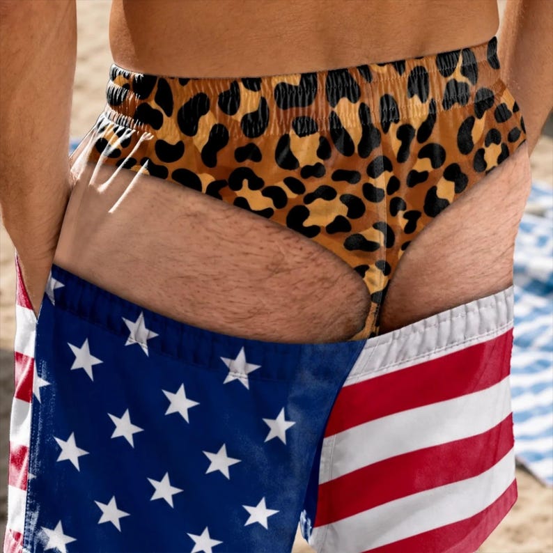 May include: A pair of swim trunks featuring a leopard print pattern on the upper section and a United States flag design with white stars on a blue field and red and white horizontal stripes on the lower section, with an elastic waistband.