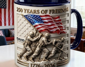 Personalized 250 Years Of Freedom 3d Effect Accent Mug, 1776-2026 American Anniversary, Military Veteran Cup, Patriotic 4th Of July Cup