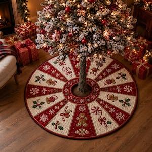 Könnte beinhalten: Ein runder Weihnachtsbaumteppich mit einem gesteppten Muster aus abwechselnd roten und cremefarbenen Feldern. Das Design zeigt gestickte Motive von Lebkuchenmännern, Zuckerstangen, Stechpalmenblättern und weißen Schneeflocken auf dem Stoff.