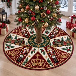 May include: A circular quilted Christmas tree skirt featuring a festive pattern of nutcrackers, steam trains, crowns, and holly leaves. The design uses a color palette of deep red, forest green, and cream, with gold embroidery accents throughout.