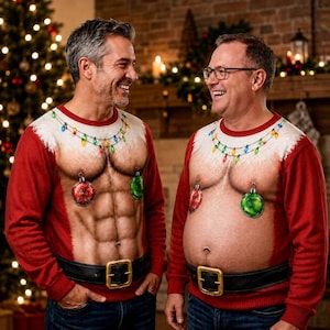 Puede incluir: Un suéter rojo de manga larga y cuello redondo con un estampado realista de un torso desnudo con abdominales, un cinturón negro con hebilla dorada, una cadena de luces navideñas de colores alrededor del cuello y dos adornos colgantes.