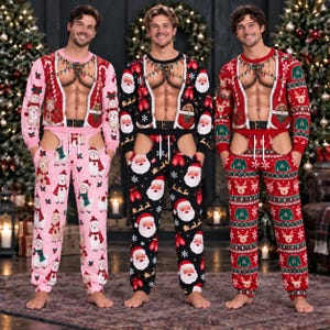 May include: Three sets of novelty pajamas featuring a printed muscular torso with a string of Christmas lights across the chest. The sets include a long-sleeved top and pants with cutouts at the hips, decorated with llamas, Santa faces, or reindeer patterns.