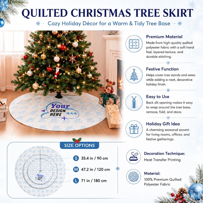 May include: A round, quilted polyester Christmas tree skirt with a back slit opening. The design features a light blue pattern and a central area for custom graphics. Size options include 35.4 inches, 47.2 inches, and 71 inches in diameter.