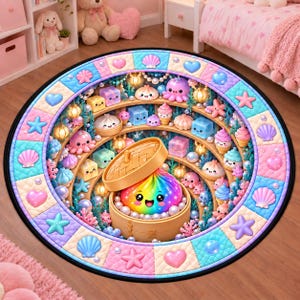 May include: A round rug featuring a 3D-style tunnel design with a border of alternating pastel blue and pink squares decorated with seashells, hearts, and starfish. The center shows a bamboo steamer with a rainbow-colored dumpling character.