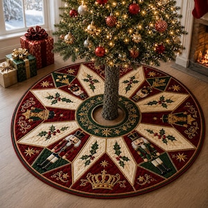 Könnte beinhalten: Ein runder, gesteppter Weihnachtsbaumteppich mit einem sternförmigen Muster in Dunkelrot und Creme. Das Design zeigt gestickte Nussknackerfiguren, Stechpalmenblätter mit roten Beeren und goldene Kronen, die um eine zentrale Öffnung angeordnet sind.