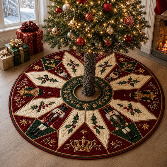 Vintage Nutcracker Quilted Tree Skirt, Retro Patchwork Tree Mat, Holiday Christmas Decor
